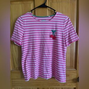 Boden Pink & White Striped Cherry Tee | Size Small | 100% Cotton